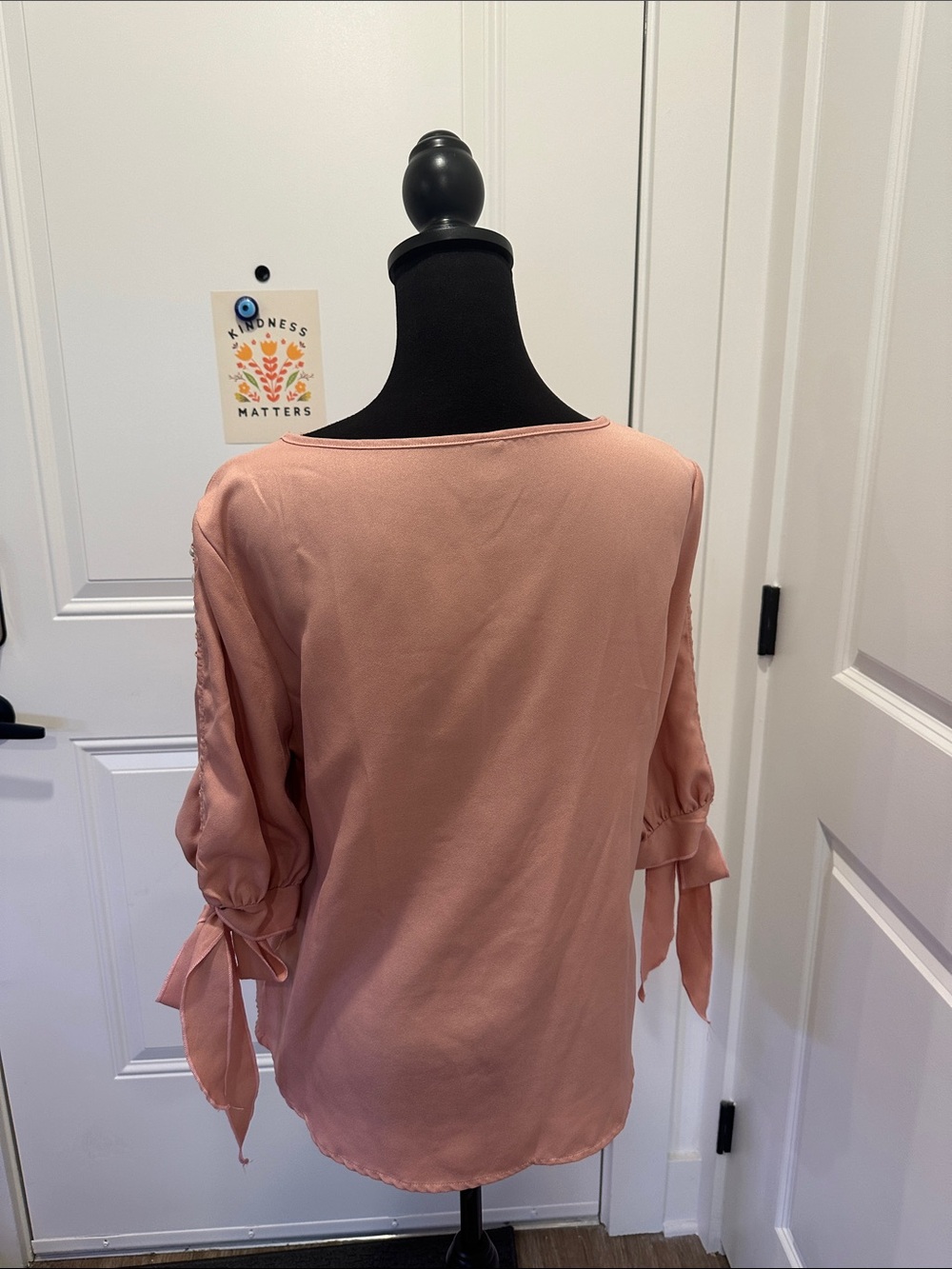 SHEIN Dusty Rose Tie-Sleeve Pearl-Trim Blouse - Picture 3 of 6